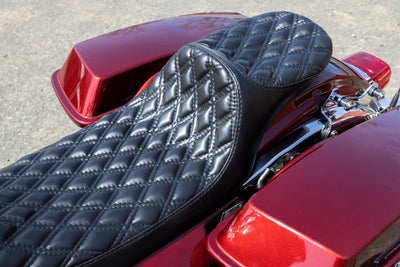 All black double diamond stitch seat on a harley Road Glide